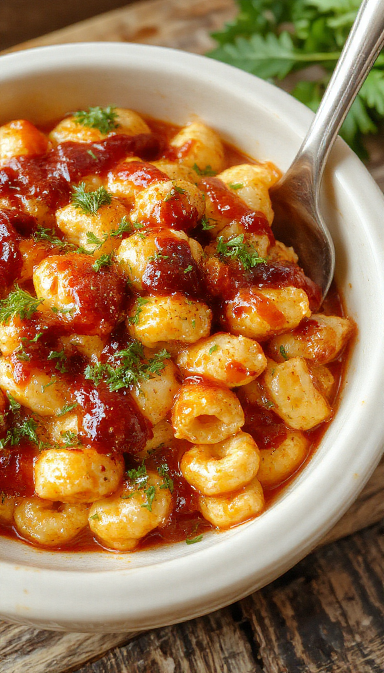 A bowl of Tangy BBQ Chicken Mac & Cheese topped with shredded chicken, melted cheese, and fresh herbs, served on a rustic wooden table.