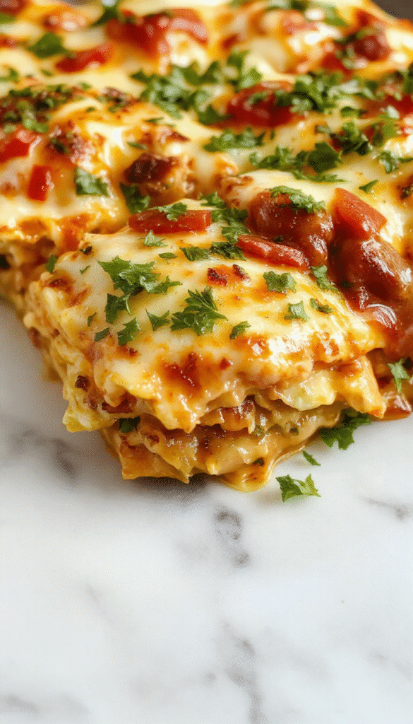 A colorful chicken burrito casserole plated on a rustic white dish, topped with melted cheese, chopped cilantro, and sliced avocado, with vibrant red and green bell peppers and a side of fresh salsa, styled with a sprig of cilantro for garnish