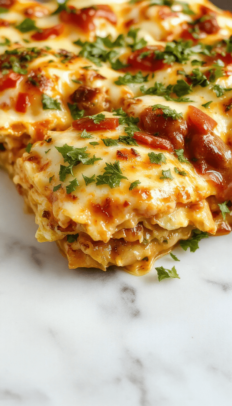 A colorful chicken burrito casserole plated on a rustic white dish, topped with melted cheese, chopped cilantro, and sliced avocado, with vibrant red and green bell peppers and a side of fresh salsa, styled with a sprig of cilantro for garnish