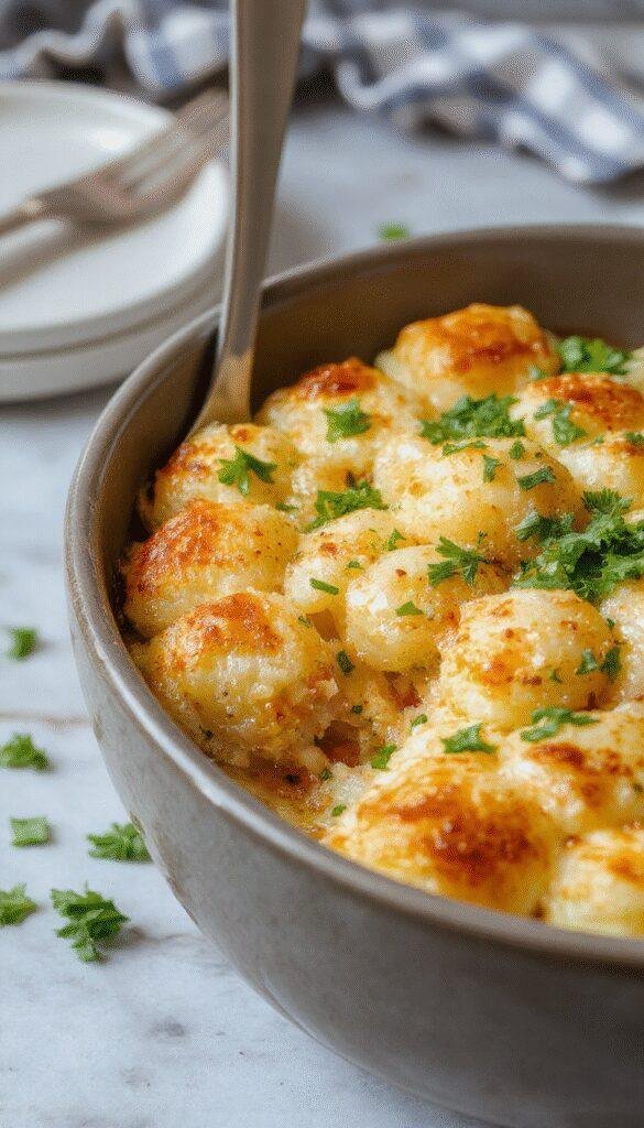 A delicious Tater Tot Casserole in a baking dish topped with golden crispy Tater Tots, surrounded by fresh ingredients like cheese, sour cream, and vegetables.