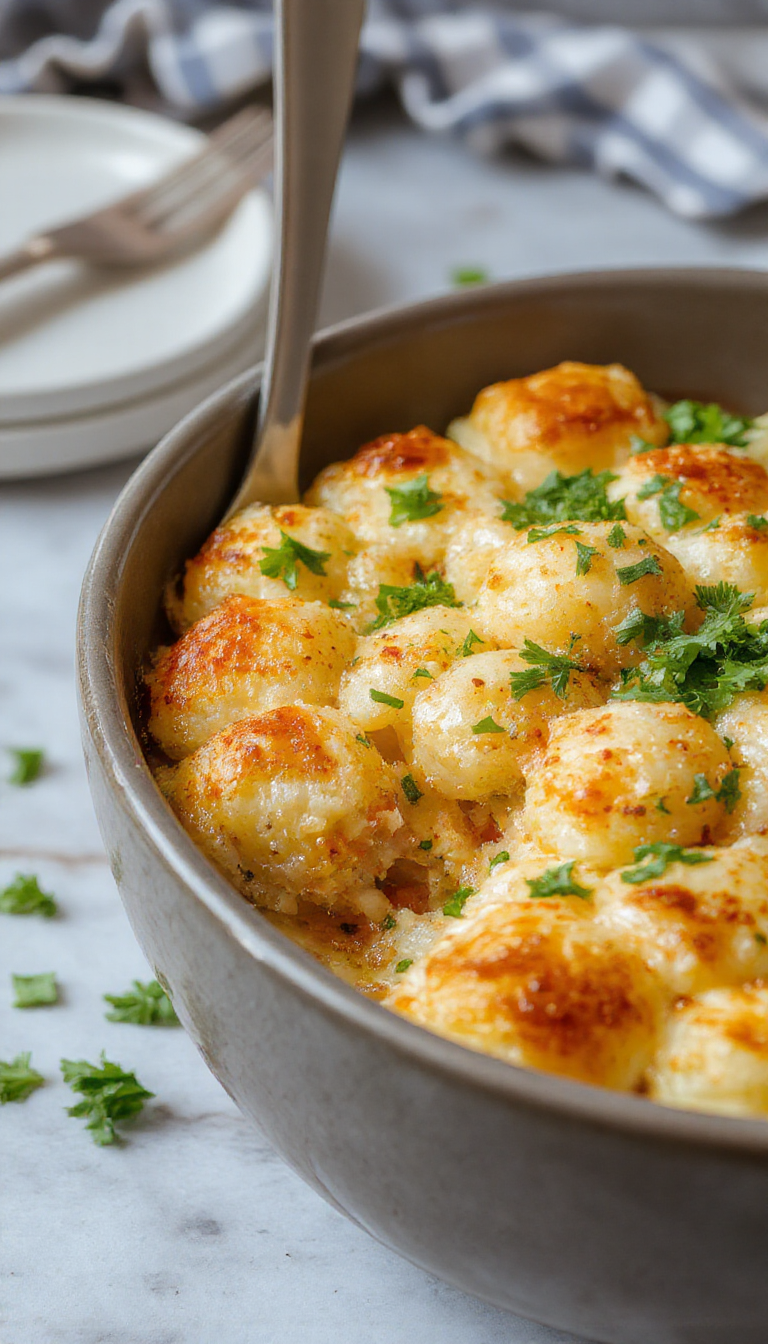 A delicious Tater Tot Casserole in a baking dish topped with golden crispy Tater Tots, surrounded by fresh ingredients like cheese, sour cream, and vegetables.
