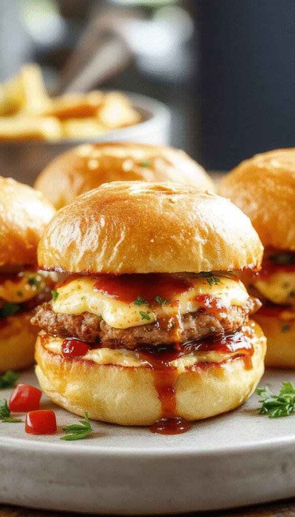 A delicious plate of savory breakfast sliders featuring fluffy buns filled with eggs, cheese, and bacon, garnished with herbs.