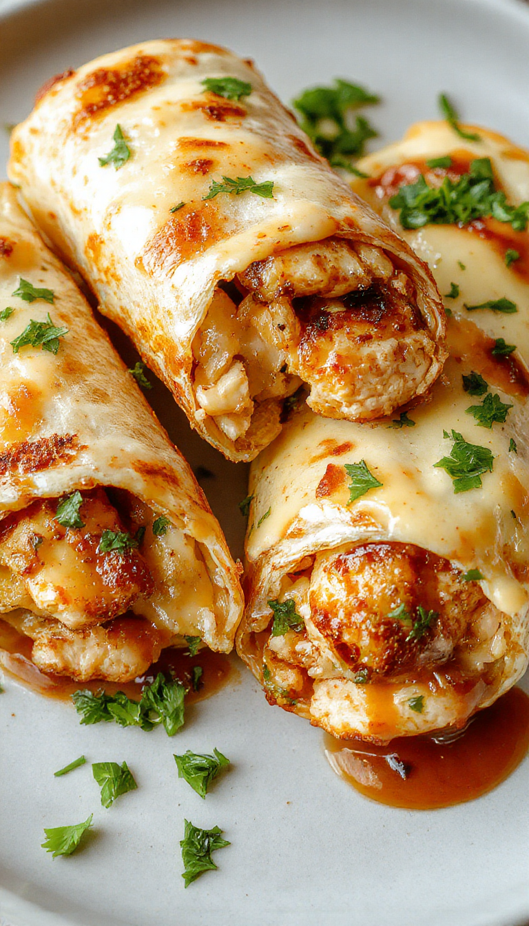 Close-up of cheesy garlic chicken wraps filled with tender chicken, melted cheese, and fresh greens wrapped in warm tortillas