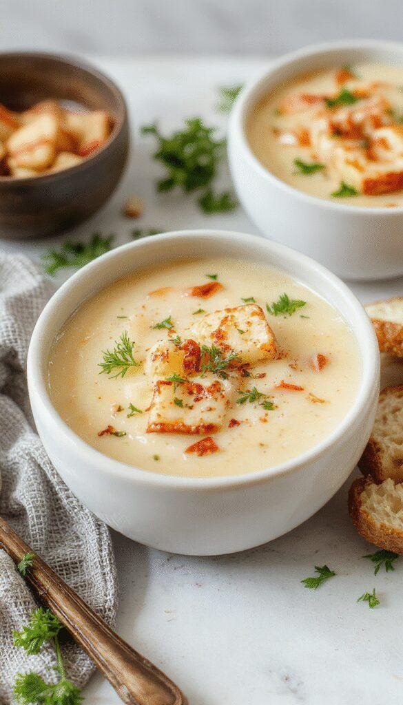 A warm bowl of Cozy Cheddar Garlic Herb Potato Soup garnished with fresh herbs and melted cheese, served with crusty bread on a rustic table.