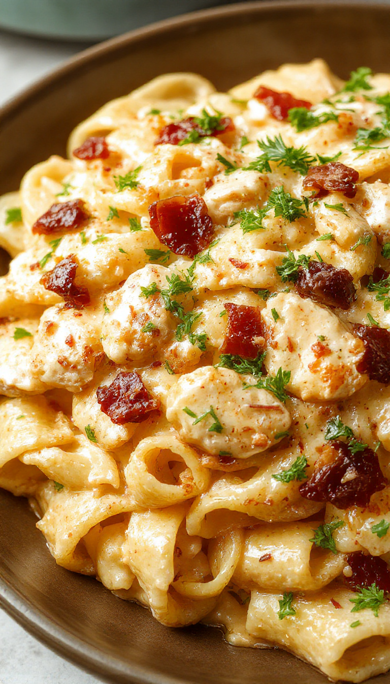 A plate of creamy chicken bacon ranch pasta garnished with fresh herbs, showcasing tender chicken pieces, crispy bacon, and a rich, cheesy sauce.