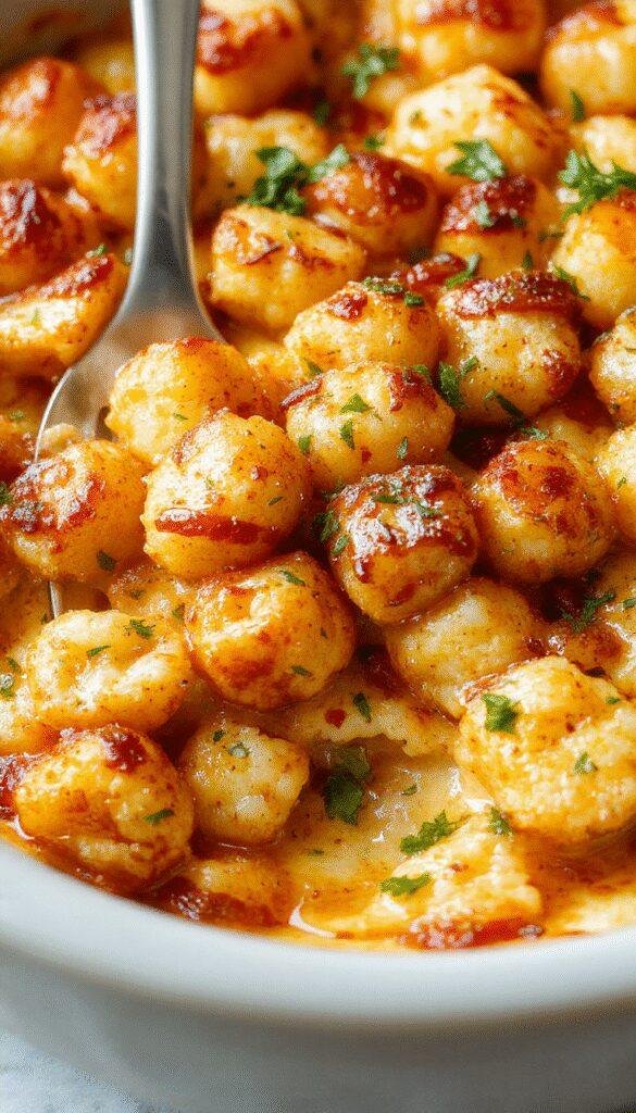 A delicious casserole dish topped with crispy golden tater tots, melted cheese, and fresh herbs, ready to serve.