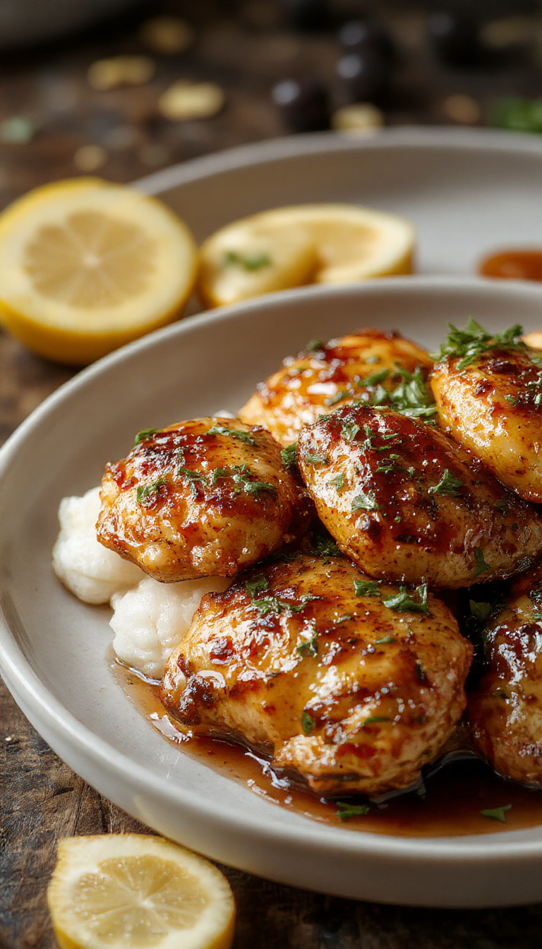 A vibrant plate of Tropical Gold Chicken featuring golden-brown glazed chicken pieces garnished with fresh tropical fruits like pineapple and mango, served with colorful sides.