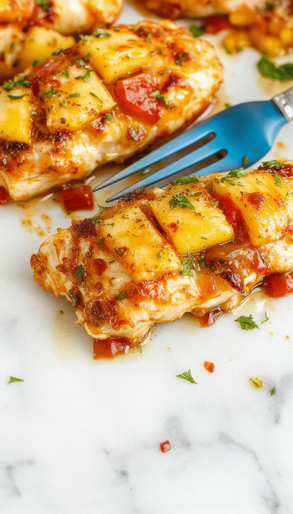 Colorful sheet pan Hawaiian chicken dish featuring golden-brown chicken breasts topped with caramelized pineapple chunks and vibrant red and yellow peppers, garnished with fresh herbs, all arranged on a rustic wooden table, shot from a top-down angle with bright natural lighting highlighting the juicy textures and vivid colors.