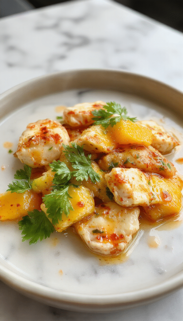 A vibrant plate of mango chicken curry featuring tender chicken pieces coated in a thick, orange-yellow sauce with bright chunks of ripe mango on top, garnished with fresh cilantro and served alongside steamed rice on a rustic wooden table