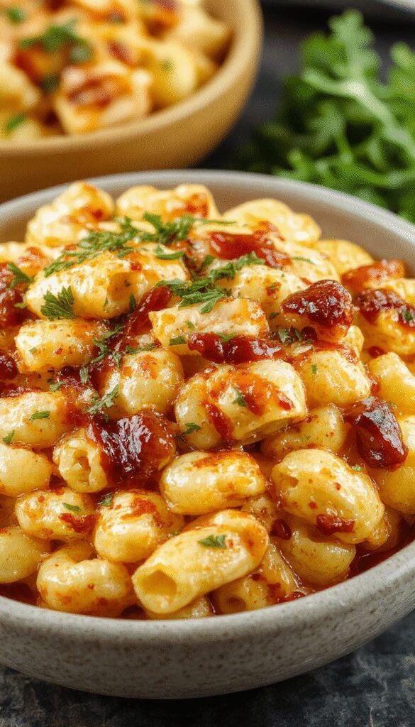 A creamy bowl of Ultimate BBQ Chicken Mac & Cheese topped with chopped herbs and crispy bacon bits, served in a rustic bowl.