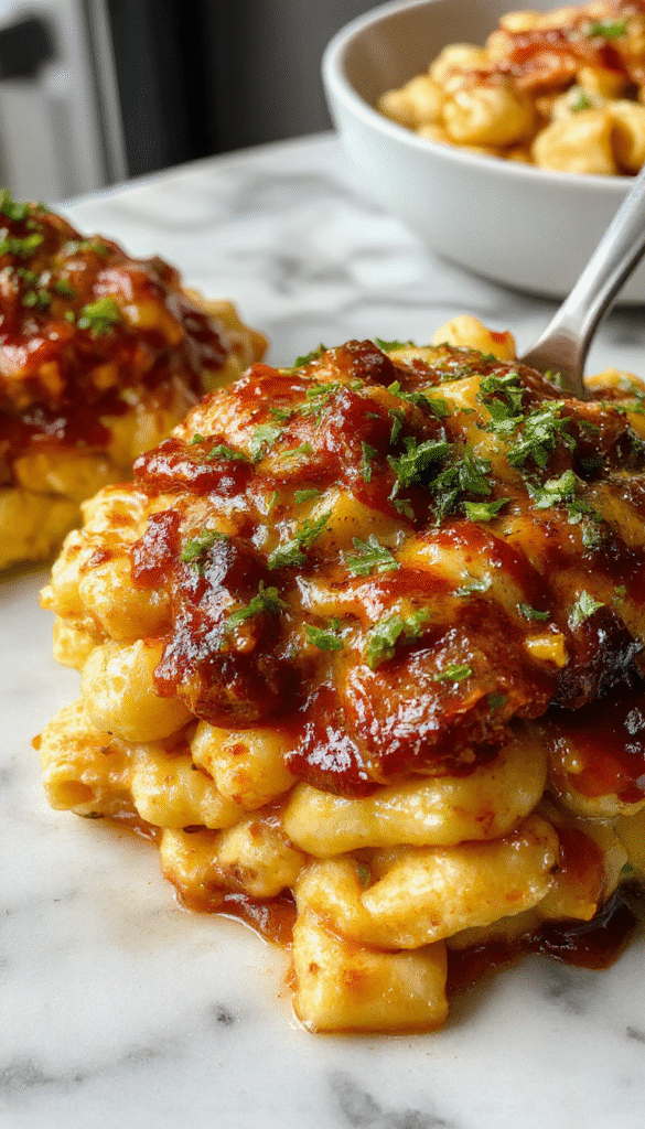 A vibrant bowl of BBQ chicken mac and cheese featuring golden, creamy pasta topped with shredded smoked chicken, drizzled with barbecue sauce, garnished with chopped green onions and a sprinkle of shredded cheese, styled in a rustic ceramic bowl on a wooden surface.
