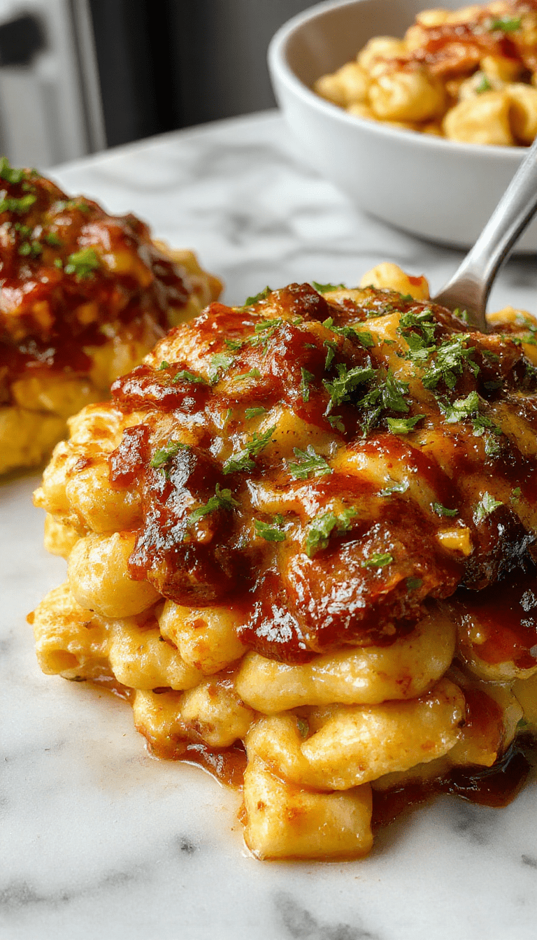 A vibrant bowl of BBQ chicken mac and cheese featuring golden, creamy pasta topped with shredded smoked chicken, drizzled with barbecue sauce, garnished with chopped green onions and a sprinkle of shredded cheese, styled in a rustic ceramic bowl on a wooden surface.