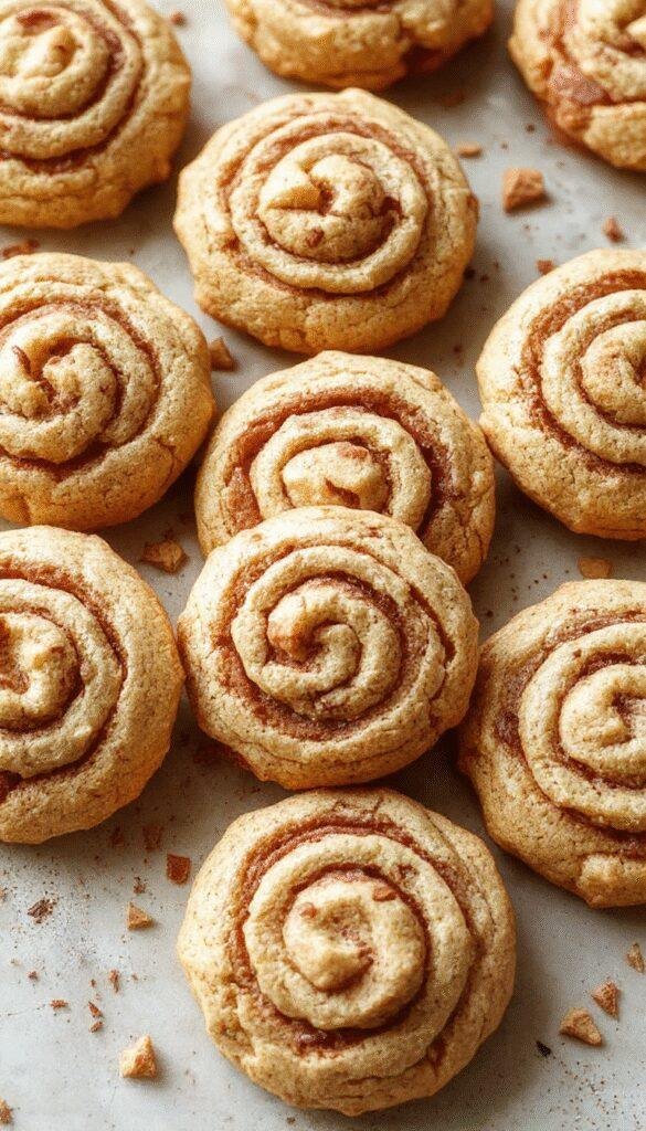 A plate of warm, freshly baked Cinnamon Swirl Cookies with golden-brown edges and a visible swirl of cinnamon filling, garnished with a light dusting of powdered sugar.