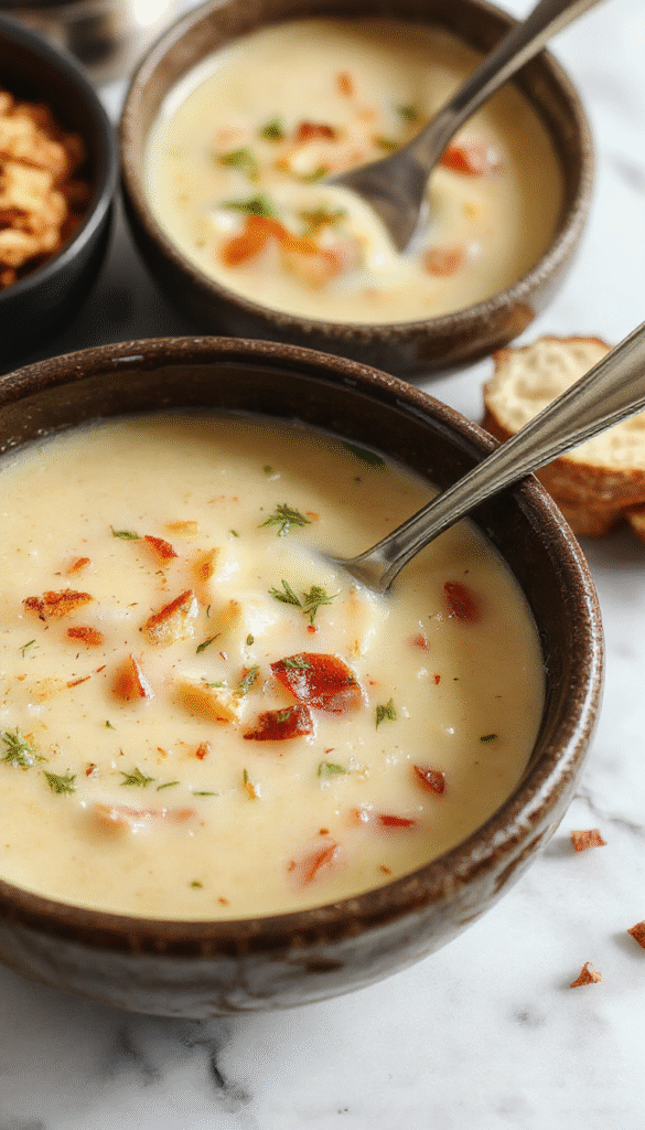 A rustic bowl of creamy cowboy soup topped with shredded cheese and chopped green onions, surrounded by fresh ingredients like corn and potatoes, styled on a wooden table with a warm, inviting atmosphere, rich textures and vibrant colors.