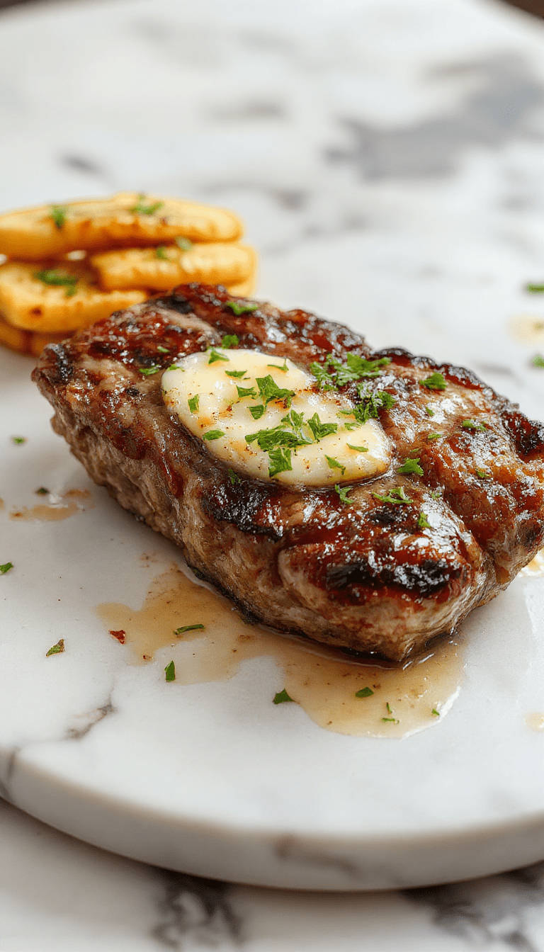 A close-up of a perfectly cooked steak topped with a generous amount of melting garlic butter and fresh herbs. The steak reveals a juicy, tender interior with a caramelized, crispy exterior. It is plated on a rustic wooden board, garnished with sprigs of rosemary and slices of garlic, with a side of sautéed vegetables and a drizzle of garlic butter focusing on rich textures and inviting colors.