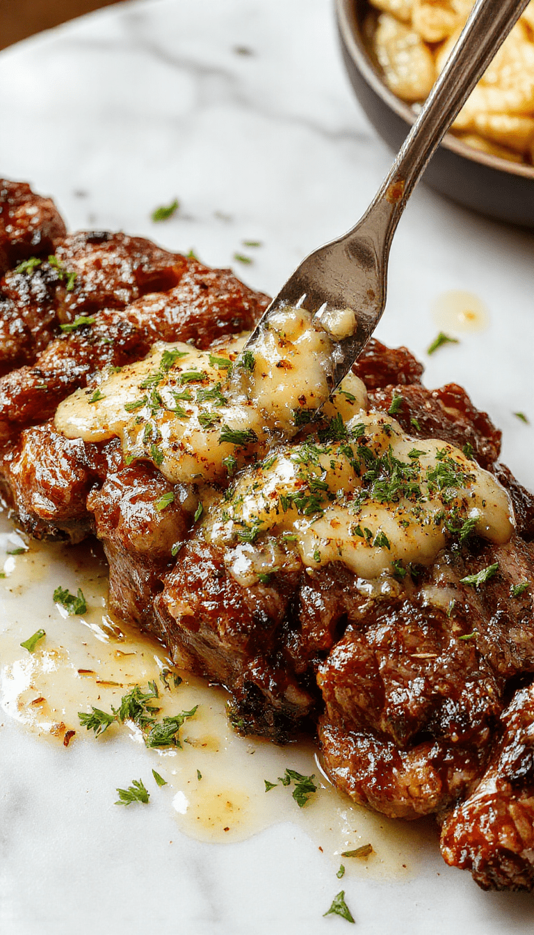 A perfectly cooked beef steak glazed with a rich garlic butter sauce, garnished with fresh herbs on a dark rustic plate, showcasing tender juicy texture and a glossy sheen, styled with a fork and knife on a wooden table, with a backdrop of garlic cloves and herbs.
