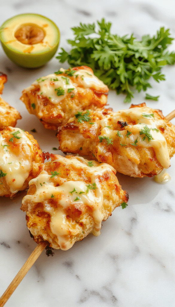 Colorful grilled chicken skewers arranged on a rustic wooden platter, glazed with a glossy marinade, garnished with fresh herbs and Parmesan shavings, set against a vibrant summer table backdrop with a hint of smoky grill marks and crispy edges.