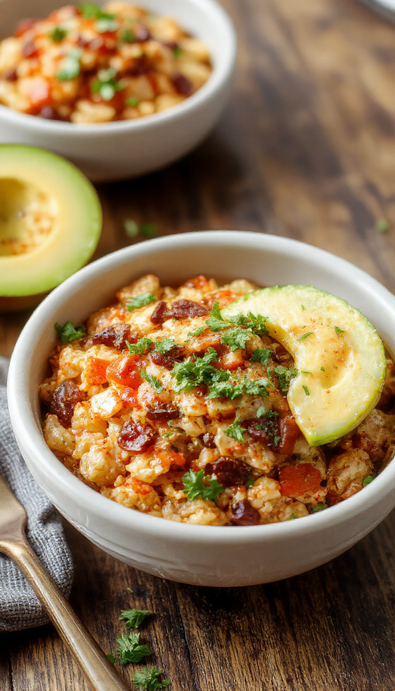 Colorful taco rice bowl featuring seasoned ground beef, fresh lettuce, diced tomatoes, shredded cheese, and crunchy tortilla chips in a vibrant setting