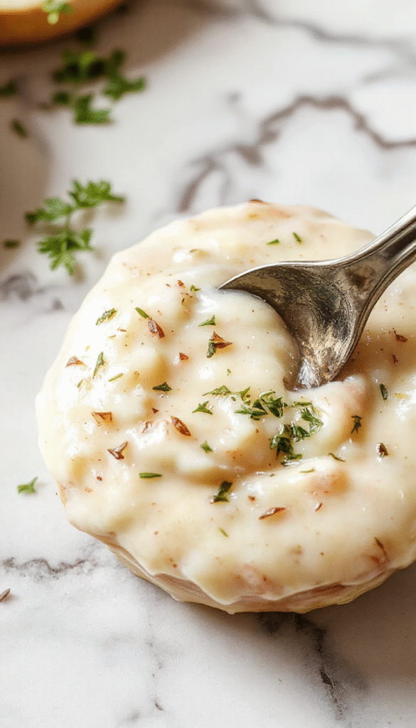 A close-up of a creamy white garlic pizza sauce spread evenly over a golden-brown pizza crust, garnished with fresh chopped parsley and minced garlic, with a rustic wooden table background showcasing ingredients like garlic cloves and herbs, highlighting the smooth texture and savory appeal of the sauce.