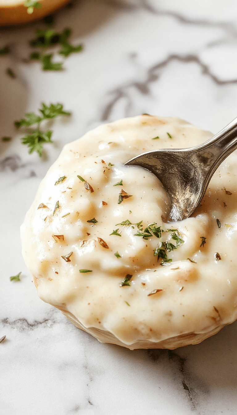 A close-up of a creamy white garlic pizza sauce spread evenly over a golden-brown pizza crust, garnished with fresh chopped parsley and minced garlic, with a rustic wooden table background showcasing ingredients like garlic cloves and herbs, highlighting the smooth texture and savory appeal of the sauce.