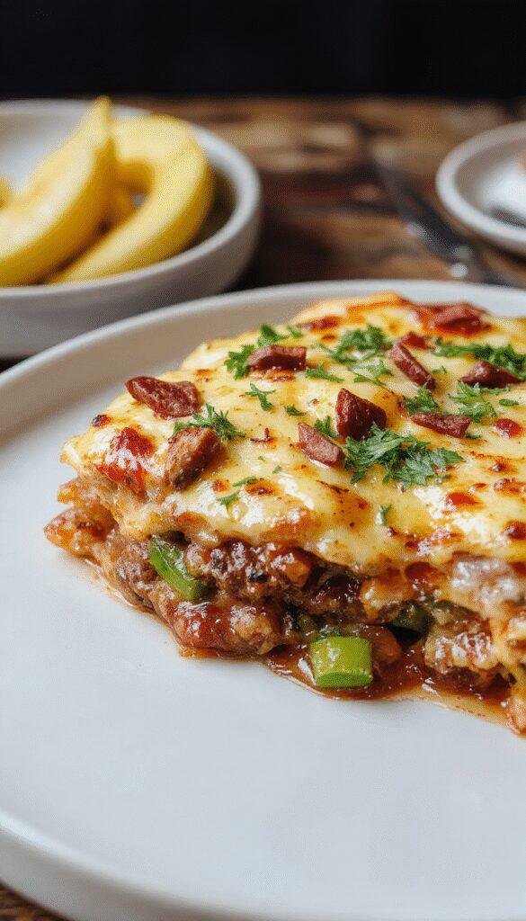 A delicious low-carb cheeseburger bake in a baking dish, topped with melted cheese, fresh greens, and sliced tomatoes, with a side of crispy bacon.
