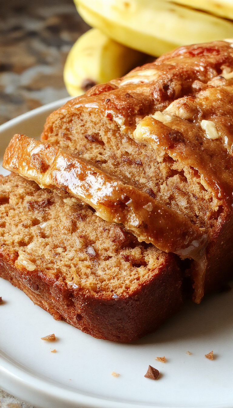 A freshly sliced banana bread loaf with a golden-brown crust and tender, moist interior, garnished with banana slices and walnuts.