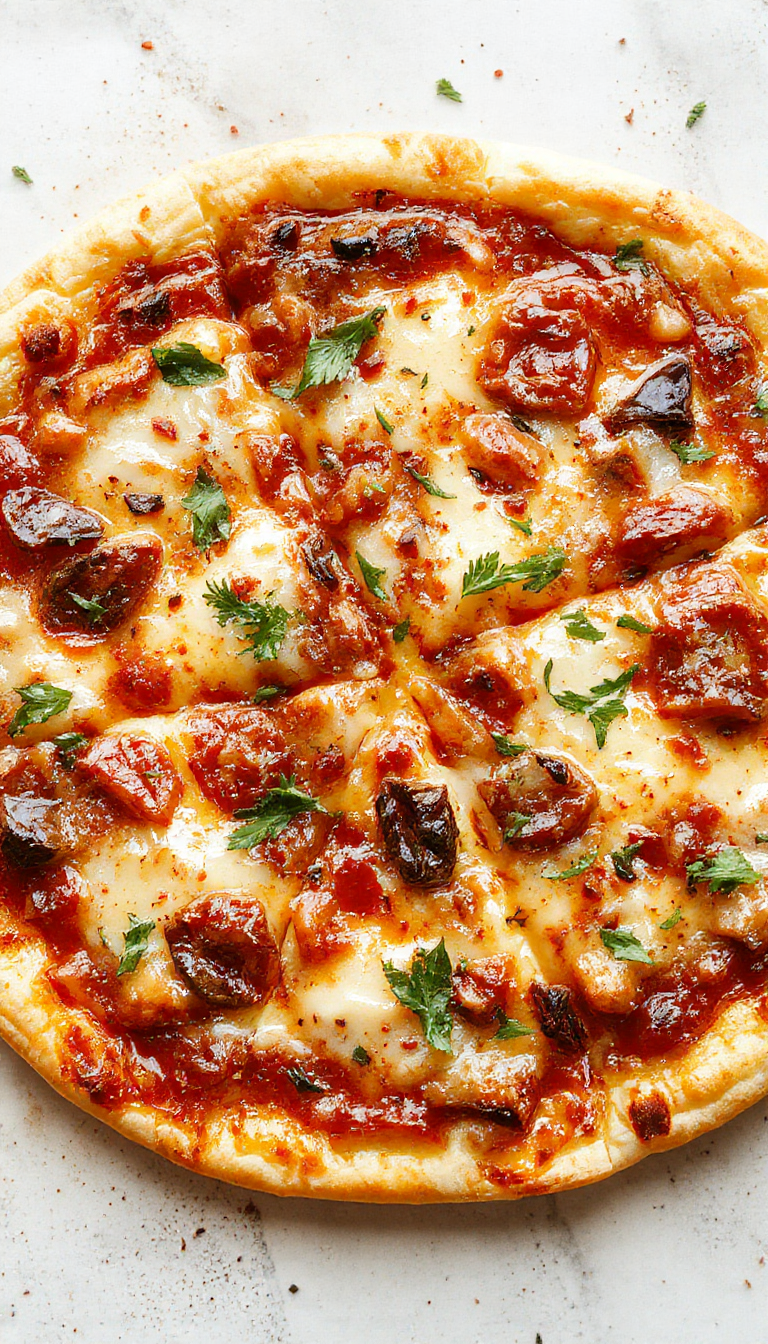 A slice of crustless pizza on a plate, topped with melted cheese, tomatoes, and fresh basil, showcasing a healthy and tasty alternative to traditional pizza.