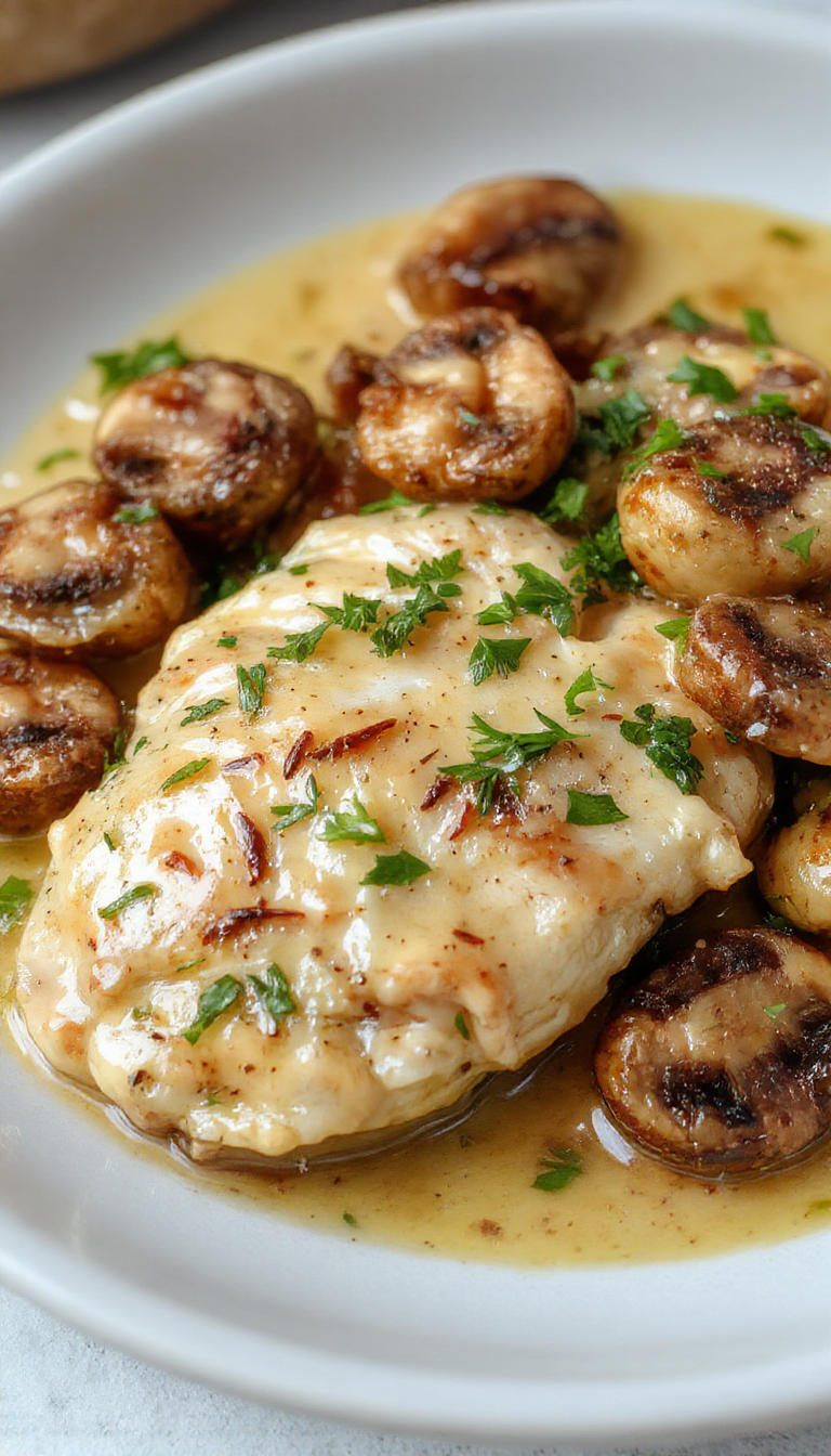 A plate of Velvety Creamy Garlic Mushroom Chicken featuring tender chicken breasts topped with a rich mushroom and garlic sauce, garnished with fresh herbs.