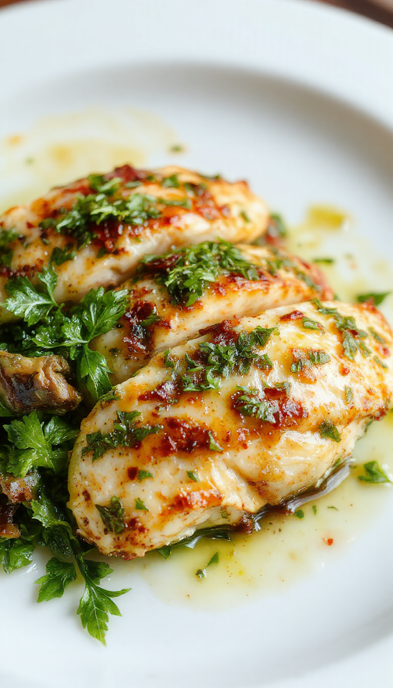 A plate of Velvety Pesto Chicken garnished with fresh basil and cherry tomatoes on a rustic wooden table.