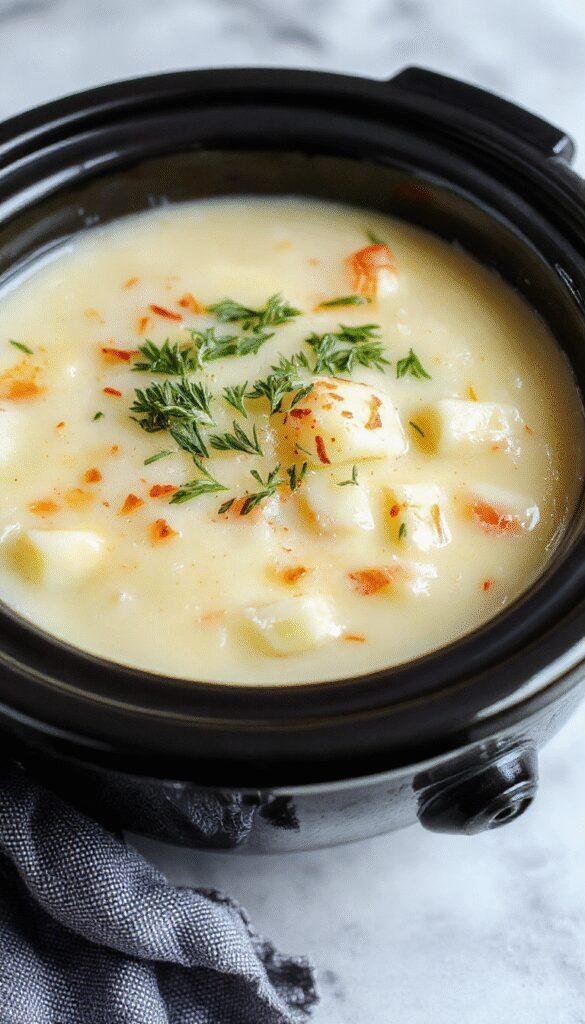 A steaming bowl of velvety potato and cheese soup garnished with herbs, served in a rustic bowl on a wooden table