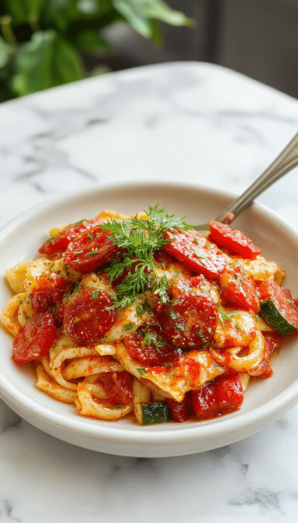 A colorful plate of spiralized zucchini noodles topped with fresh cherry tomatoes, drizzled with olive oil, sprinkled with basil, set on a rustic wooden table with additional vegetables around