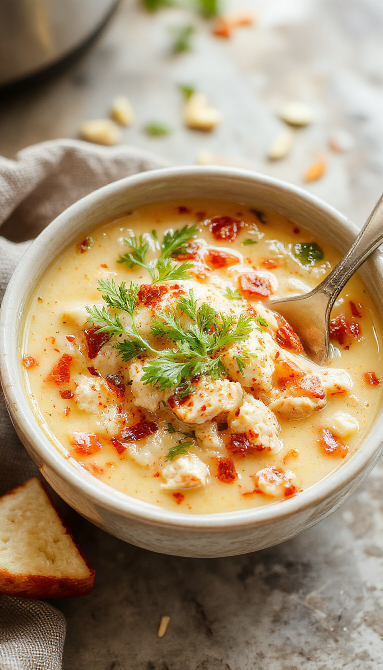 A hearty bowl of white chicken chili topped with fresh cilantro and shredded cheese, served alongside warm bread rolls.