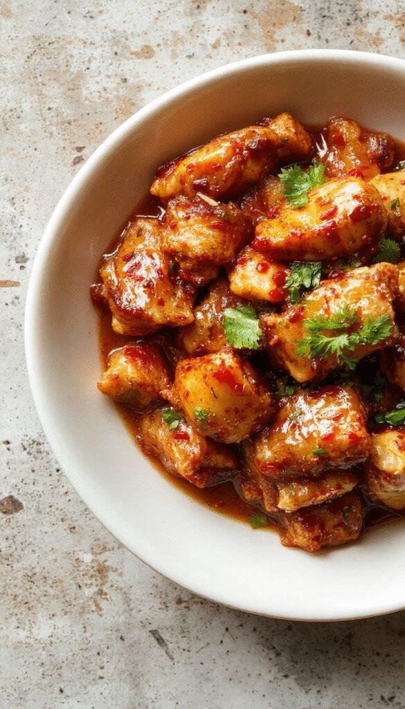 A plate of Zesty Asian Sweet Chili Chicken garnished with fresh herbs and sliced vegetables, served with steamed rice on a vibrant table.