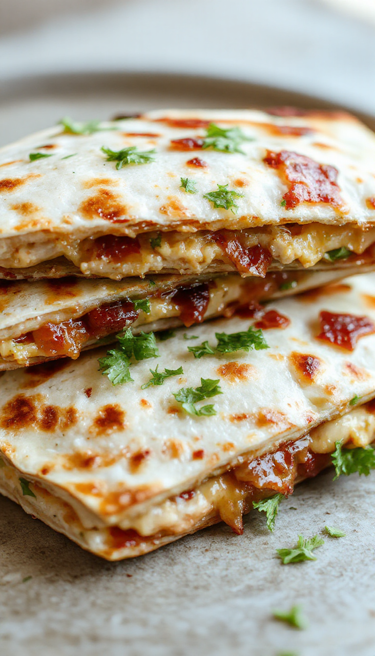 A delicious Zesty Chicken & Bacon Quesadilla sliced in half, showing melted cheese, grilled chicken, crispy bacon, and fresh vegetables inside.