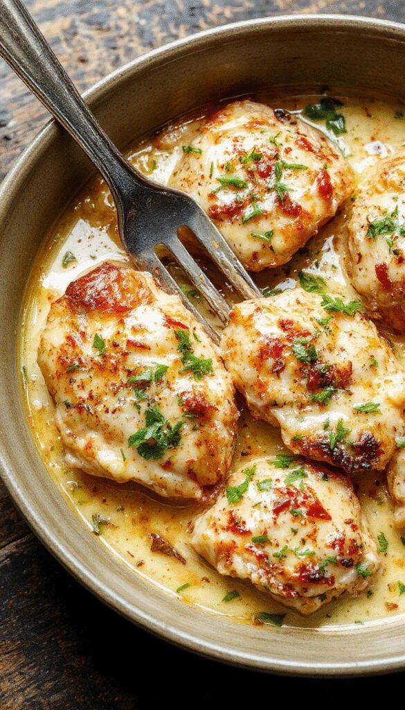 A plate of Zesty Creamy Cajun Chicken garnished with fresh herbs and lemon slices, served with colorful vegetables on a rustic wooden table.