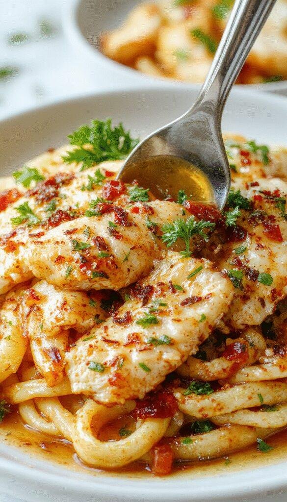 A vibrant plate of Zesty Honey Pepper Chicken Pasta with colorful vegetables and a sprinkle of fresh herbs