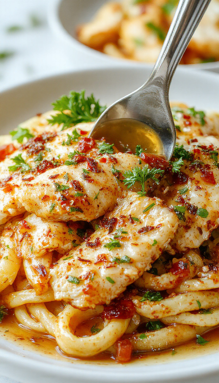 A vibrant plate of Zesty Honey Pepper Chicken Pasta with colorful vegetables and a sprinkle of fresh herbs