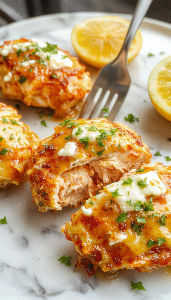 A close-up of a plate featuring succulent grilled chicken topped with a glossy, spicy honey glaze and crumbled creamy feta cheese, garnished with fresh herbs, vibrant red chili flakes, and drizzled honey for an inviting, colorful presentation.