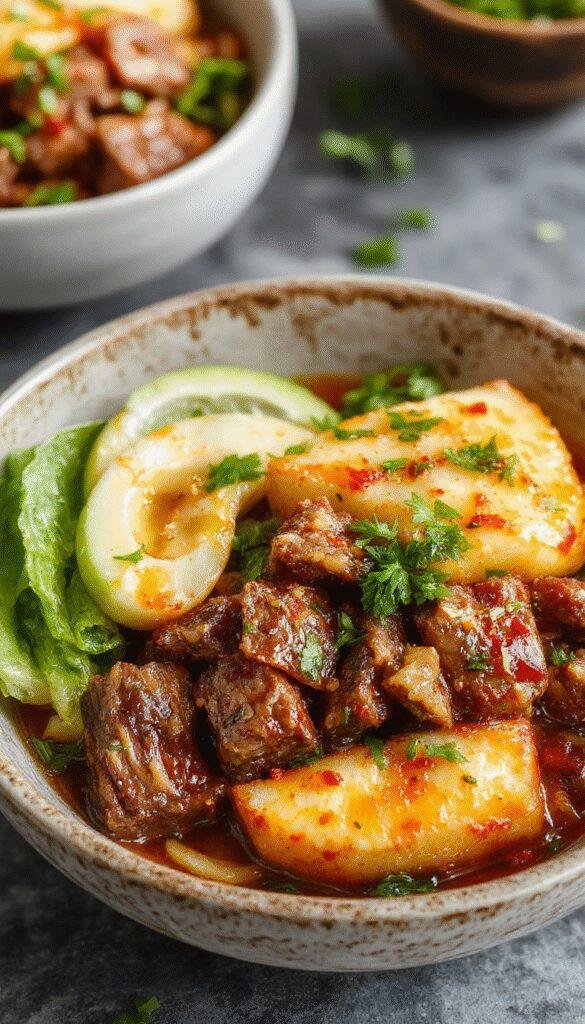 A vibrant Korean beef bowl topped with fresh vegetables and sesame seeds, served in a white ceramic bowl on a wooden table.