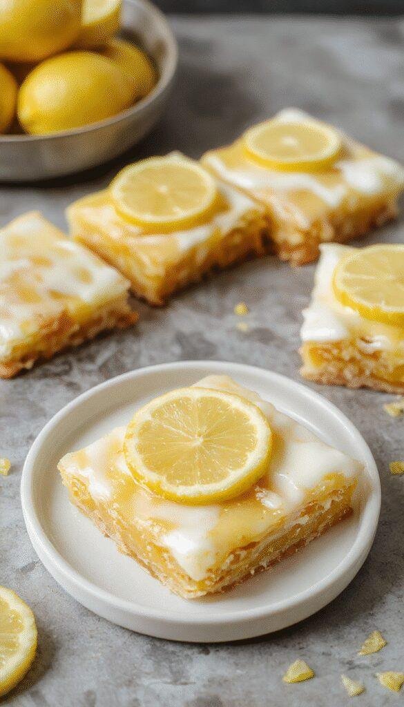 A bright, tangy lemon bar with a golden crust topped with zesty lemon glaze, garnished with a lemon slice and fresh mint