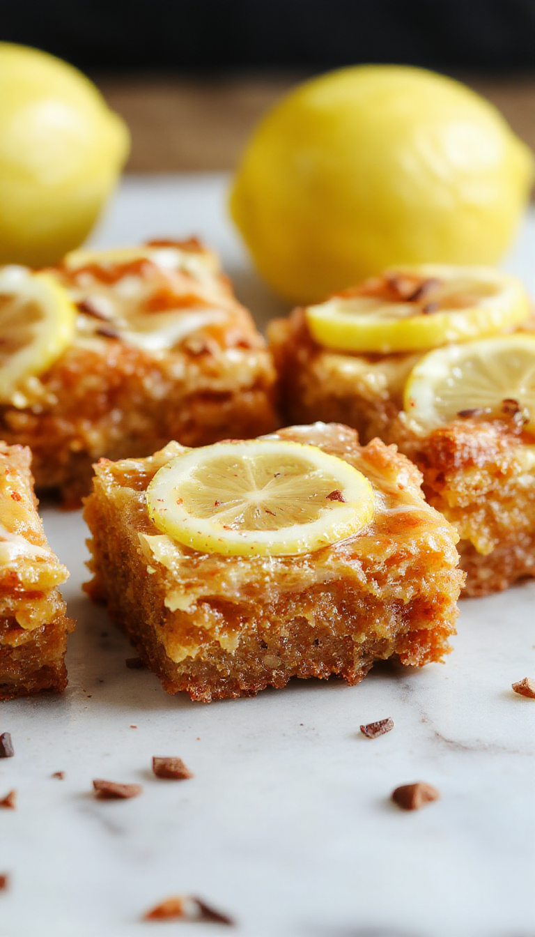 Close-up of Zesty Lemon Delight Bars showcasing their glossy lemon glaze and fudgy interior with a golden crust.