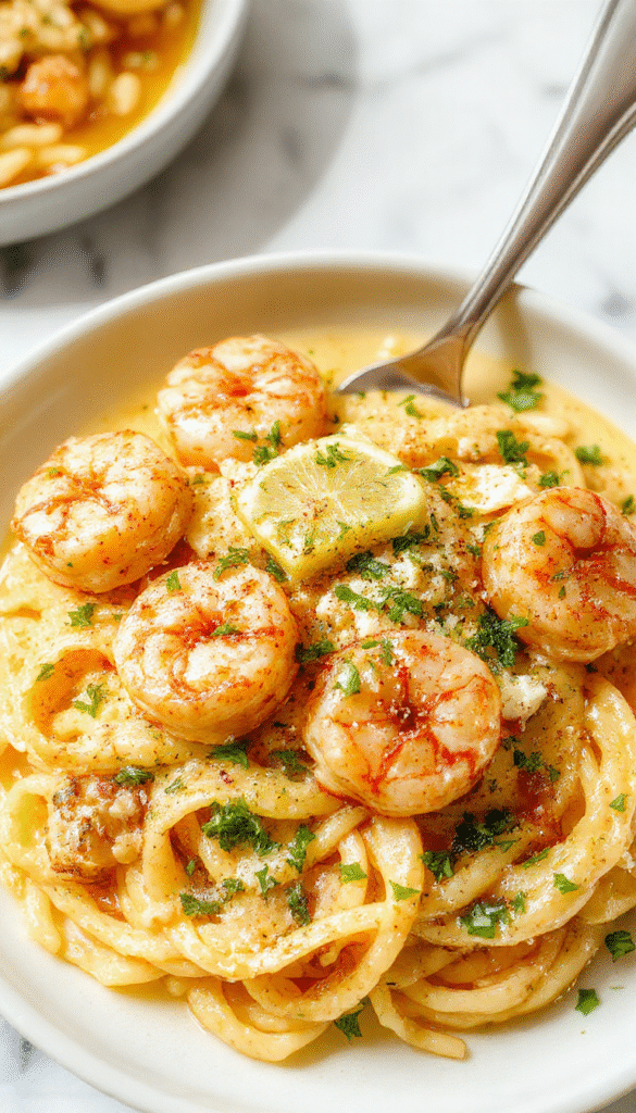 A vibrant plate of lemon feta shrimp served over creamy orzo pasta garnished with fresh herbs and lemon wedges, with a rustic wooden background and colorful vegetables in the scene.