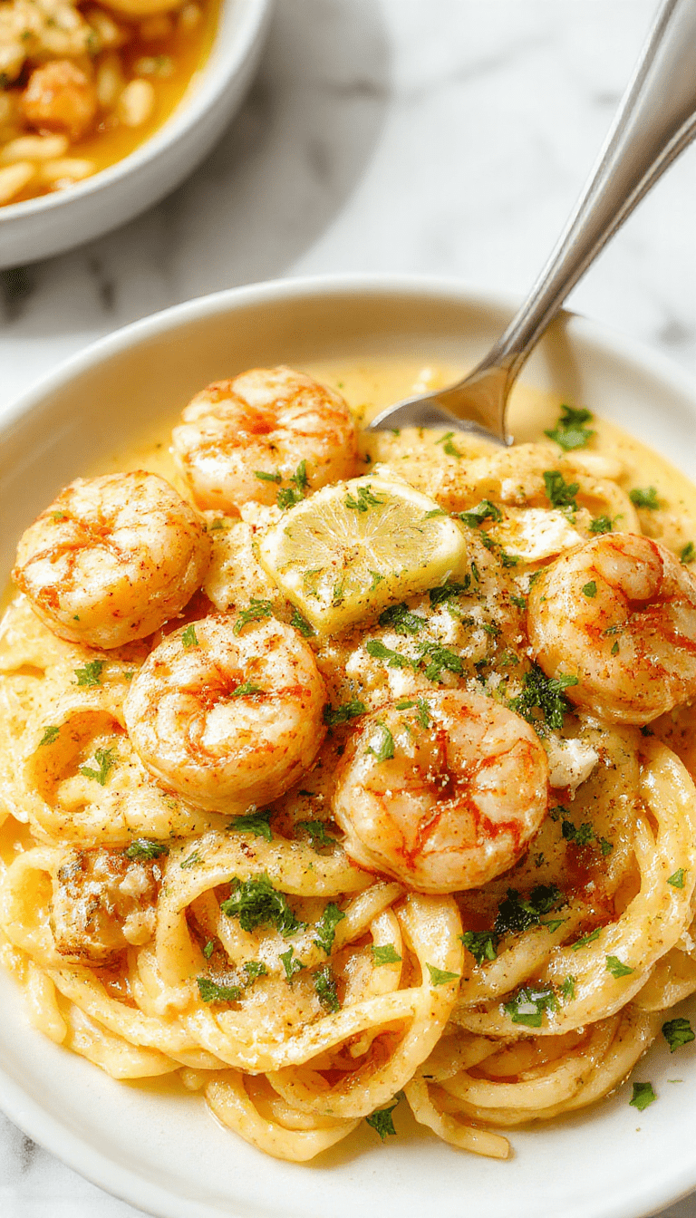 A vibrant plate of lemon feta shrimp served over creamy orzo pasta garnished with fresh herbs and lemon wedges, with a rustic wooden background and colorful vegetables in the scene.