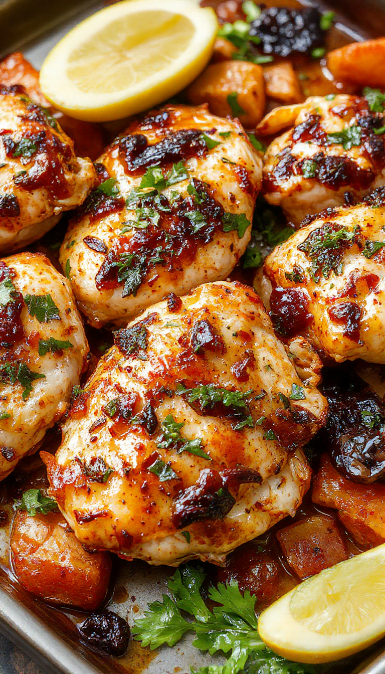 Colorful sheet pan chicken fajitas with vibrant bell peppers, onions, and seasoned chicken strips garnished with fresh cilantro and lime wedges.