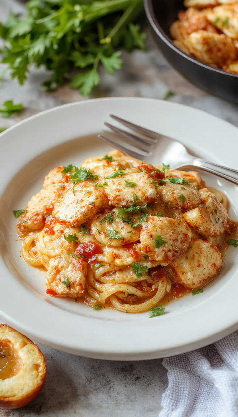 A bowl of Zesty Southern Chicken Spaghetti topped with fresh herbs and grated cheese, served alongside a side of garlic bread.