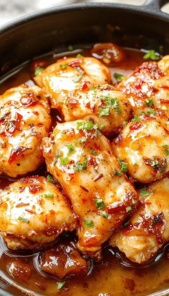 A plate of Zesty Sweet Chili Chicken garnished with fresh herbs and served alongside colorful vegetables, showcasing a glossy, spicy glaze.