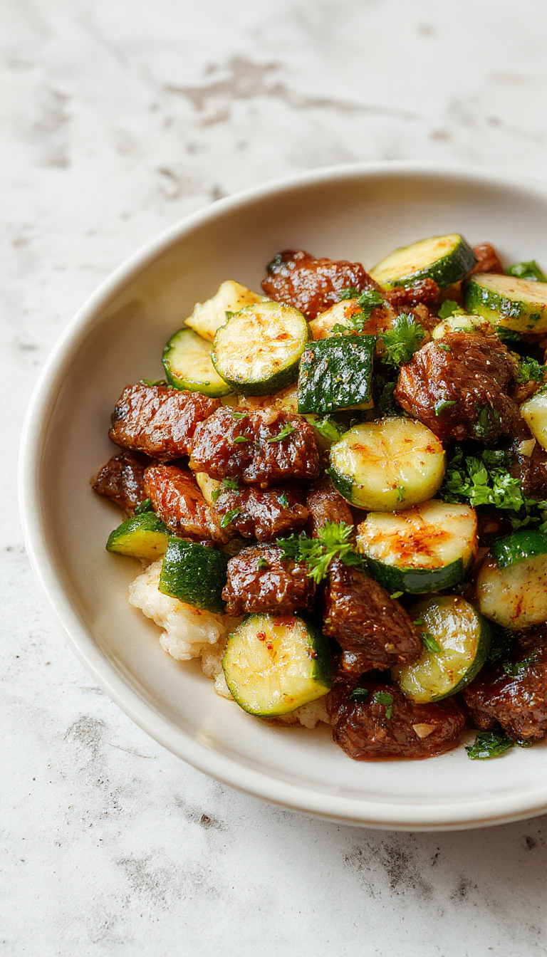 Colorful Zesty Zucchini and Beef Stir-Fry in a wok with fresh vegetables and tender beef slices.