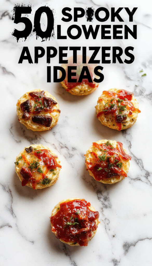 A festive Halloween-themed platter featuring creepy-looking appetizers such as monster deviled eggs, witch finger breadsticks, and ghost-shaped cheese balls, all richly decorated with vibrant orange, green, black, and white colors, arranged on a dark slate serving tray with spooky Halloween decorations in the background.