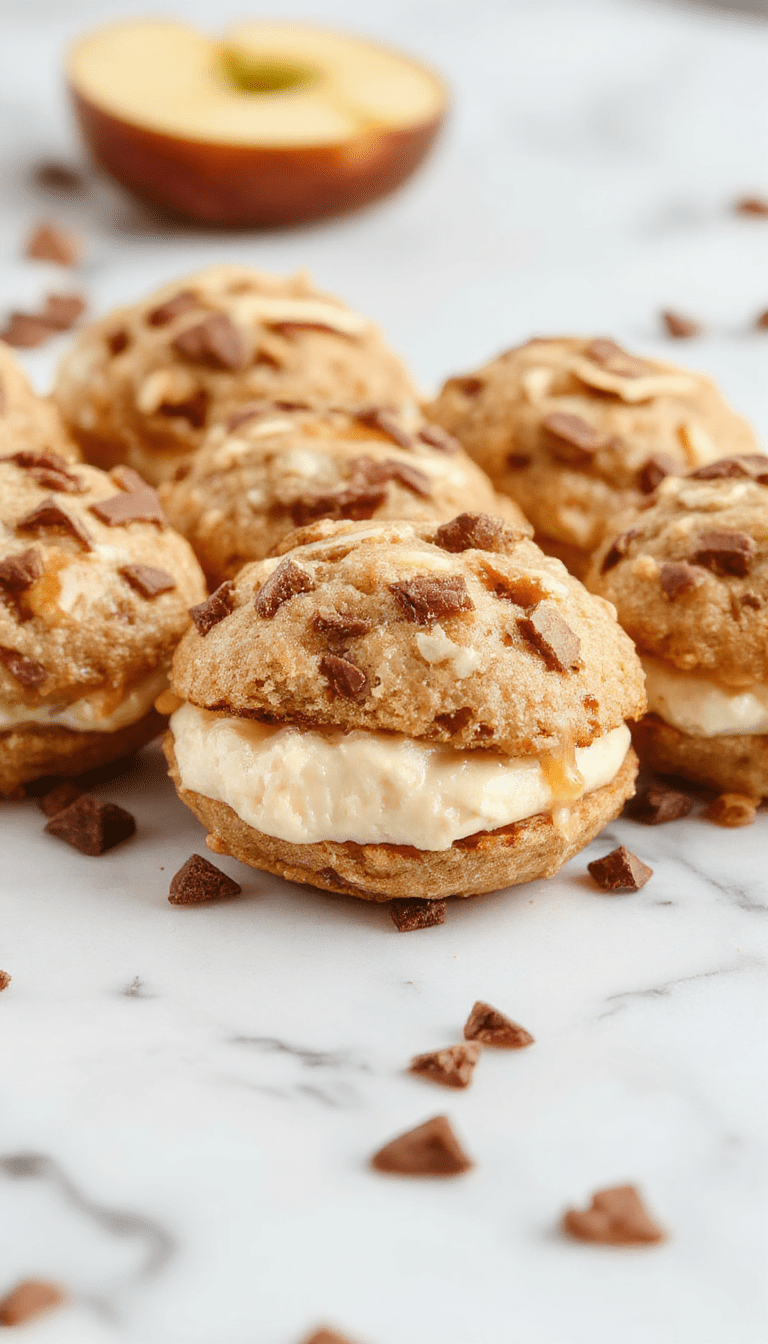 A close-up of vibrant apple cider whoopie pies with swirled frosting, garnished with cinnamon and apple slices, set on a rustic wooden platter with a cozy autumn background.