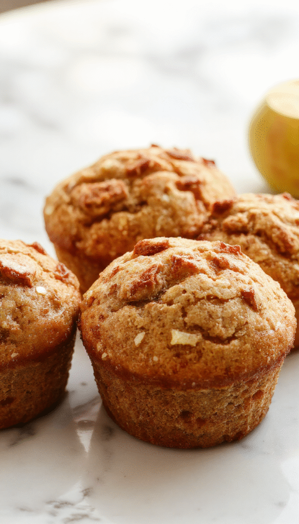 Colorful apple cinnamon muffins arranged on a rustic wooden plate, topped with cinnamon sugar and fresh apple slices, garnished with cinnamon sticks and mint leaves, showcasing a golden-brown crust with a moist interior and a spiced aroma.